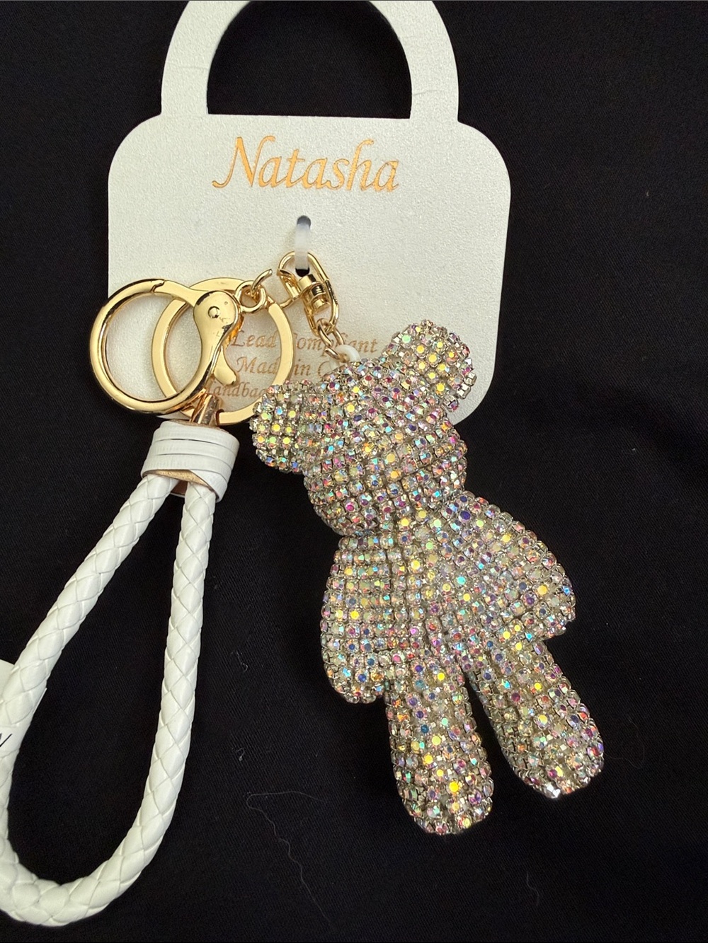 Natasha Crystal Teddy Bear Keychain- Iridescent Rhinestones & Gold-Tone Metal